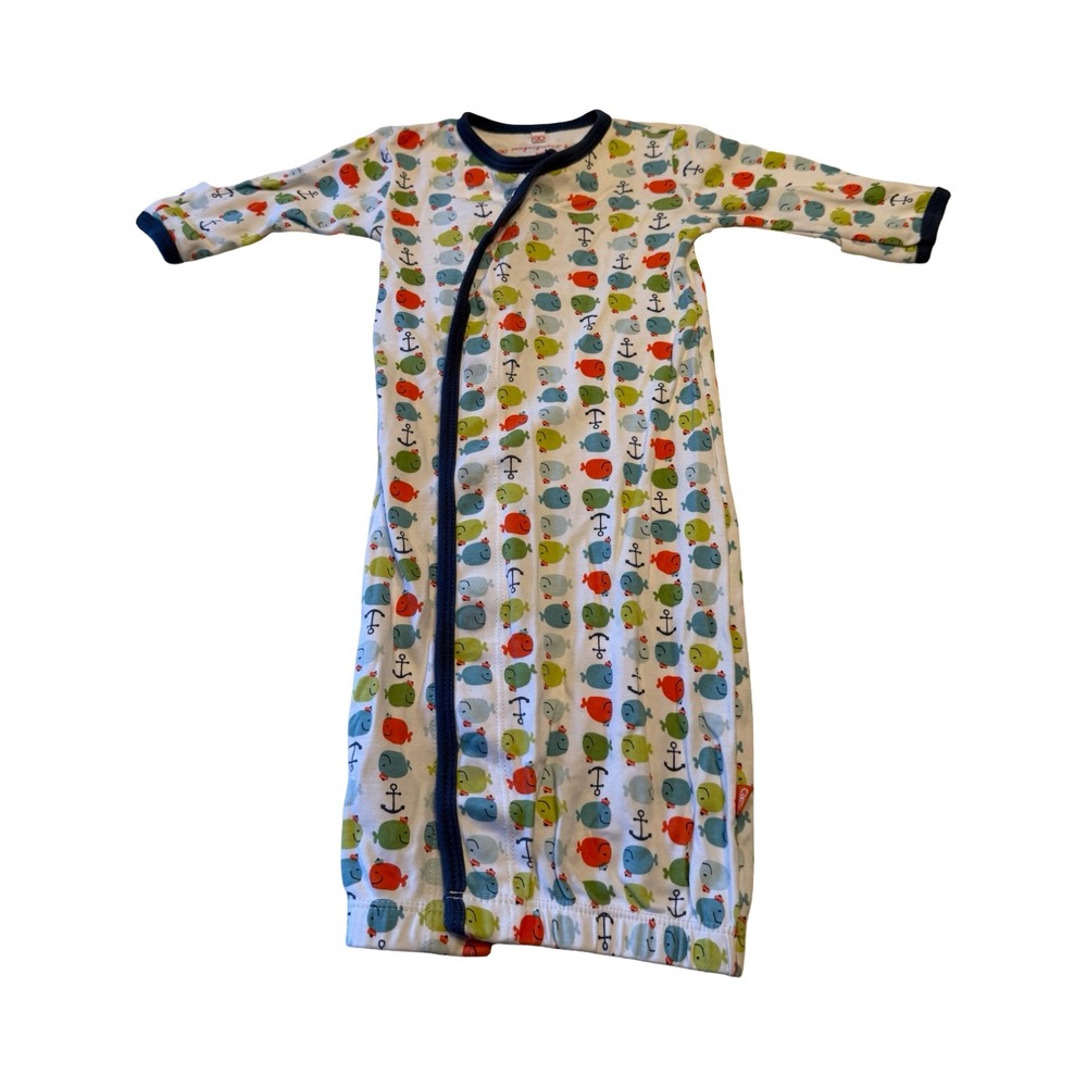 Magnificent Baby Whale Anchor Magnetic Closure Cotton Gown NB White Blue Green